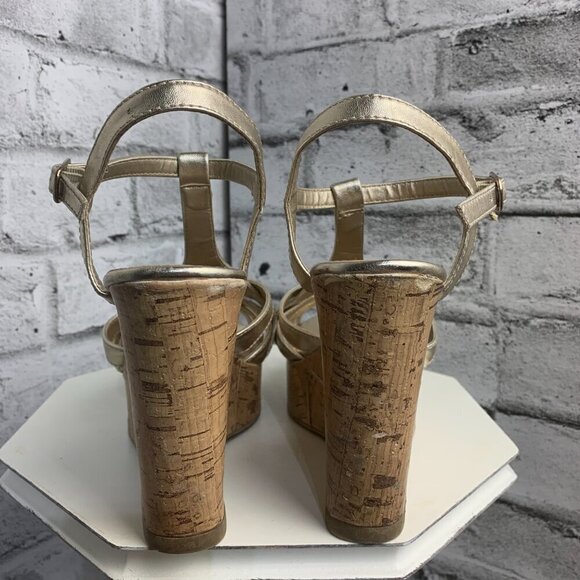 Brash Y2K Strappy Metallic Gold Cork Platform Wedge Open Toe Sandals - Picture 6 of 11